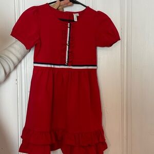 Red Ruffle Detail Girls' Dress with Navy-White Trim